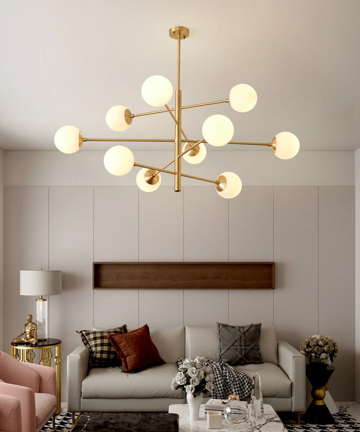 Post-Modern Hanging Chandelier Light Satin Opal Glass Ceiling Chandelier in Gold for Living Room