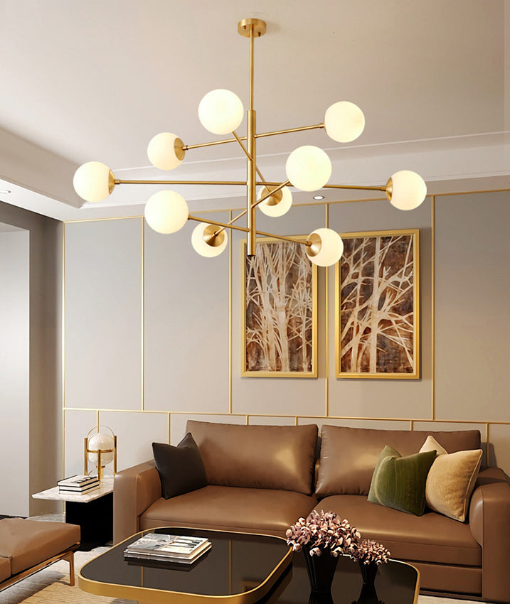 Post-Modern Hanging Chandelier Light Satin Opal Glass Ceiling Chandelier in Gold for Living Room