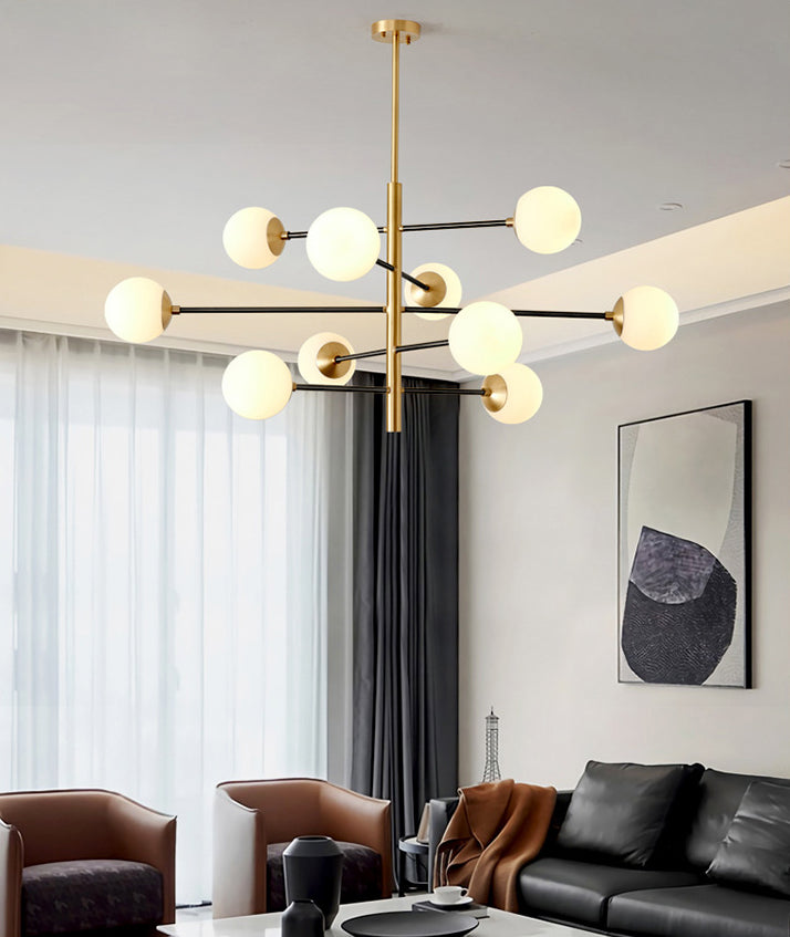 Post-Modern Hanging Chandelier Light Satin Opal Glass Ceiling Chandelier in Gold for Living Room