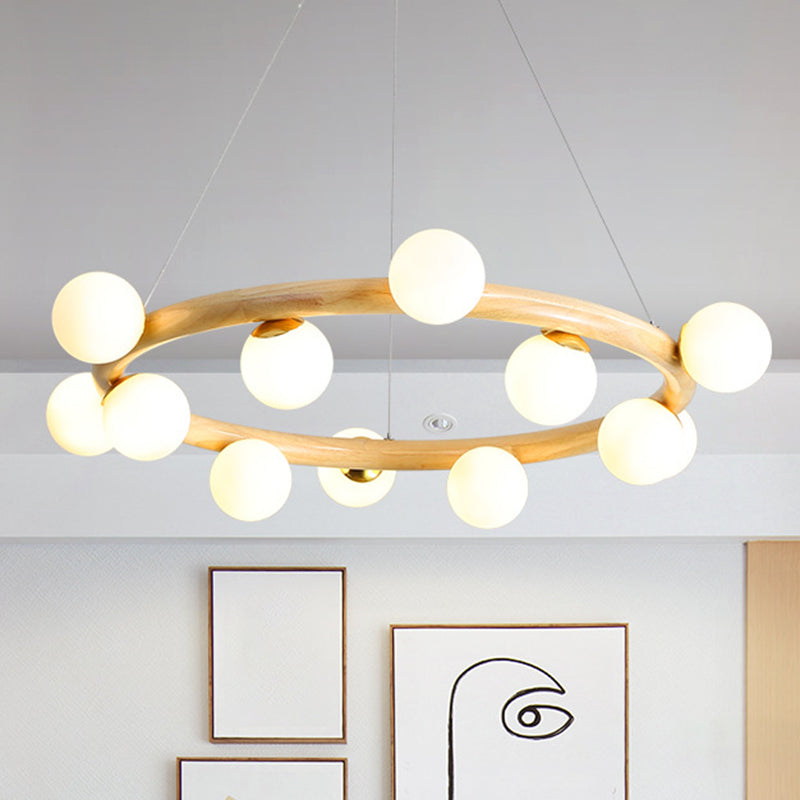 Modern Minimalist Round Chandelier Light Fixture Natural Wood Living Room Ceiling Chandelier