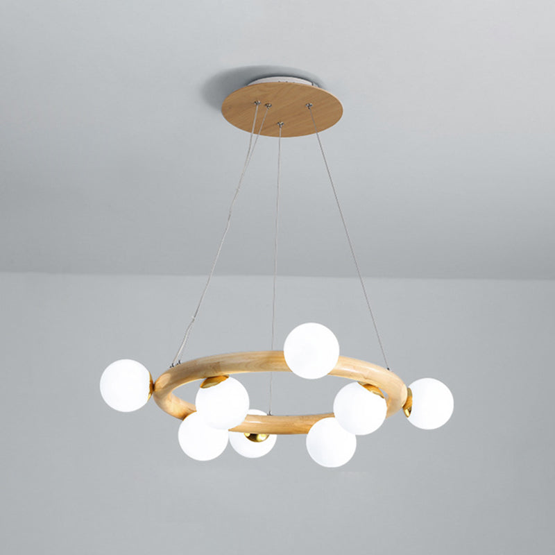 Modern Minimalist Round Chandelier Light Fixture Natural Wood Living Room Ceiling Chandelier