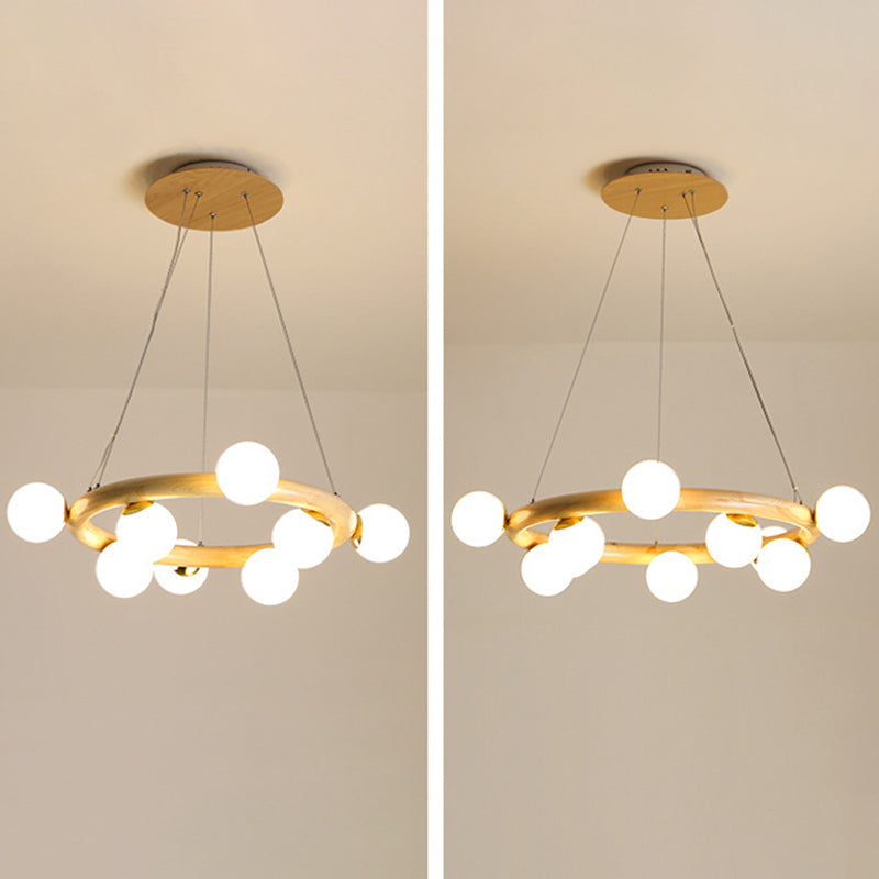 Modern Minimalist Round Chandelier Light Fixture Natural Wood Living Room Ceiling Chandelier
