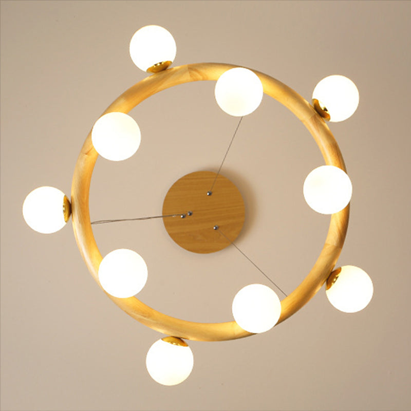 Modern Minimalist Round Chandelier Light Fixture Natural Wood Living Room Ceiling Chandelier