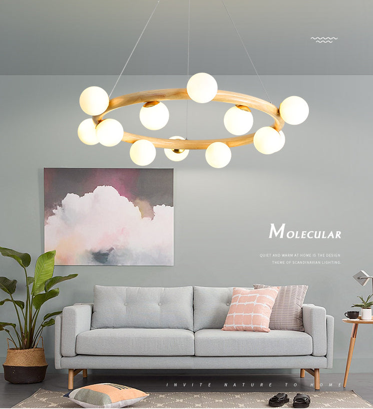Modern Minimalist Round Chandelier Light Fixture Natural Wood Living Room Ceiling Chandelier