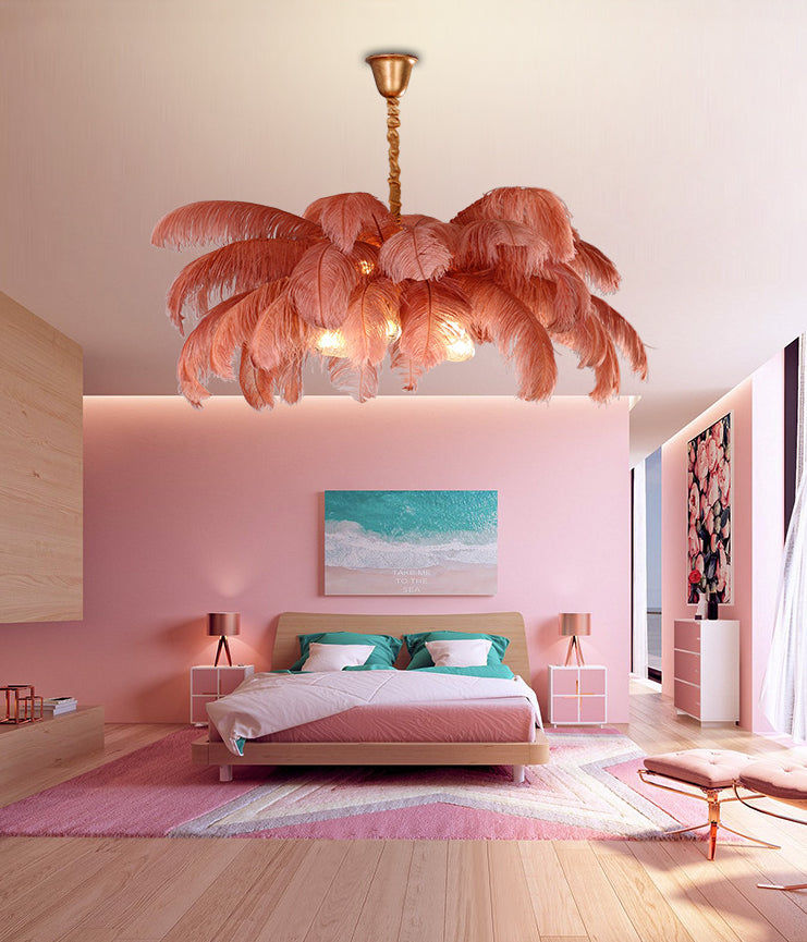 Ostrich Feather Ceiling Chandelier Modern Nordic Creative 5 Light Hanging Ceiling Light for Bedroom