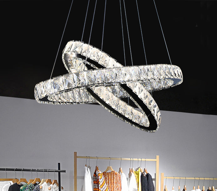 2-Tier Circular Carousel LED Pendant Lamp Modern Minimalist Prismatic Crystal Living Room Hanging Ceiling Light