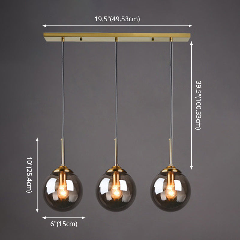 3 luces Luces de techo colgantes de Globe Cobrizte de luz múltiple de vidrio minimalista para restaurante