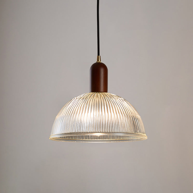 1 Light Bowl Hanging Light Fixtures Vintage Ribbed Glass Ceiling Light for Restaurant