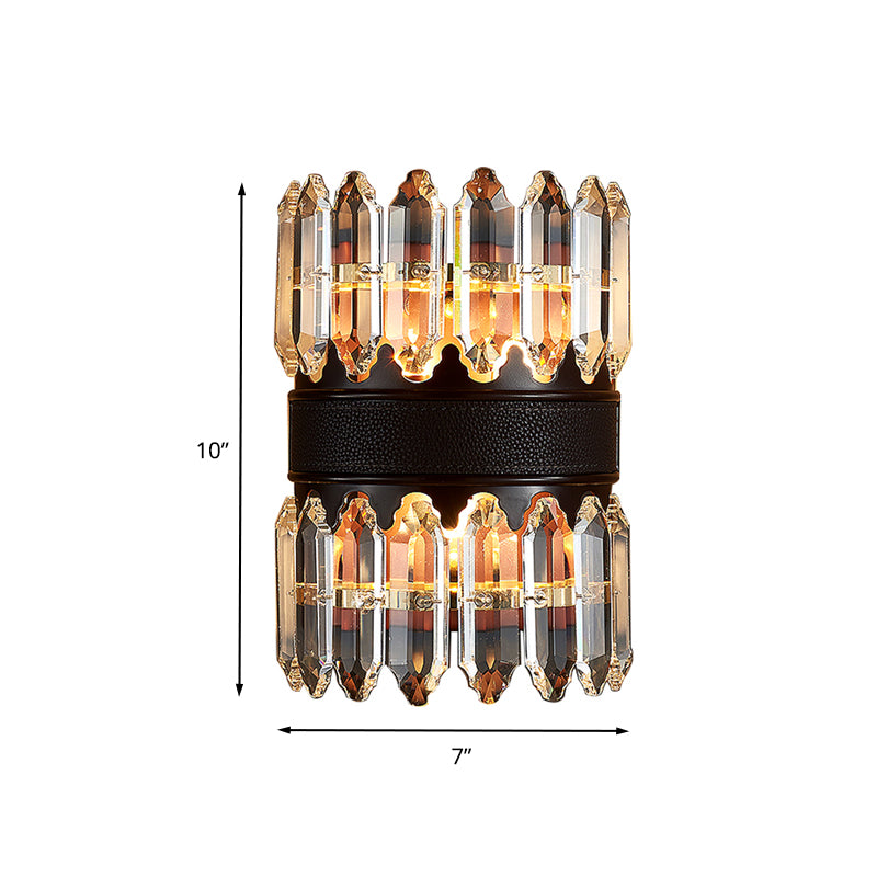 Crystal Block Cylinder Wall Lighting Fixture Modern 2/4 Lights Black Wall Sconce Light