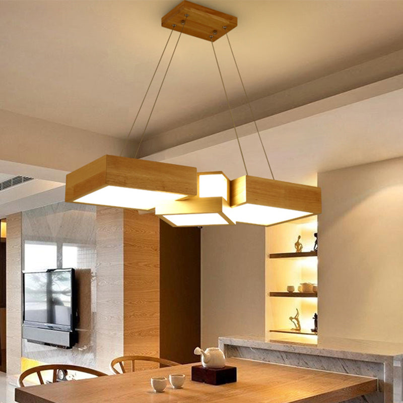Wooden Square Island Lighting Fixture Modern Style LED Wood Hanging Ceiling Light