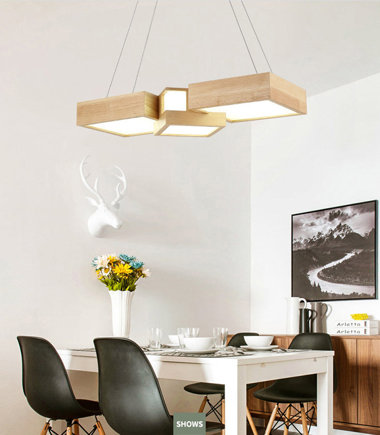Wooden Square Island Lighting Fixture Modern Style LED Wood Hanging Ceiling Light
