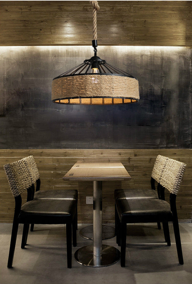 Barn Shaped Pendant Light Industrial Style Hemp Rope Hanging Lamp with 31.5" Adjustable Hanging Rope