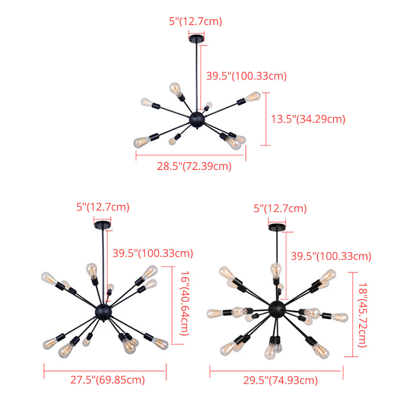 Cambadora de lámpara de lámpara en forma de ráfaga de plancha negra Bombilla de estilo industrial de estilo industrial con 4 x 9.8 "varillas colgantes