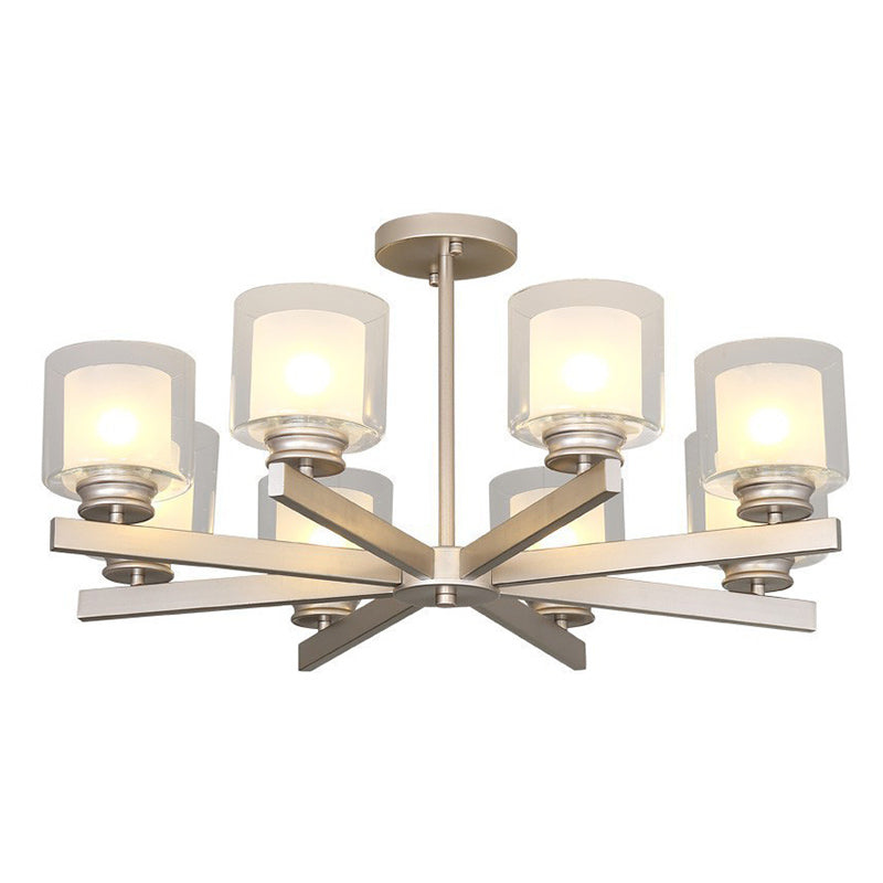 Double-layer Glass Shade Chandelier Lighting Fixture Traditional Style Cylindrical Pendant Hanging Light in Champagne Silver