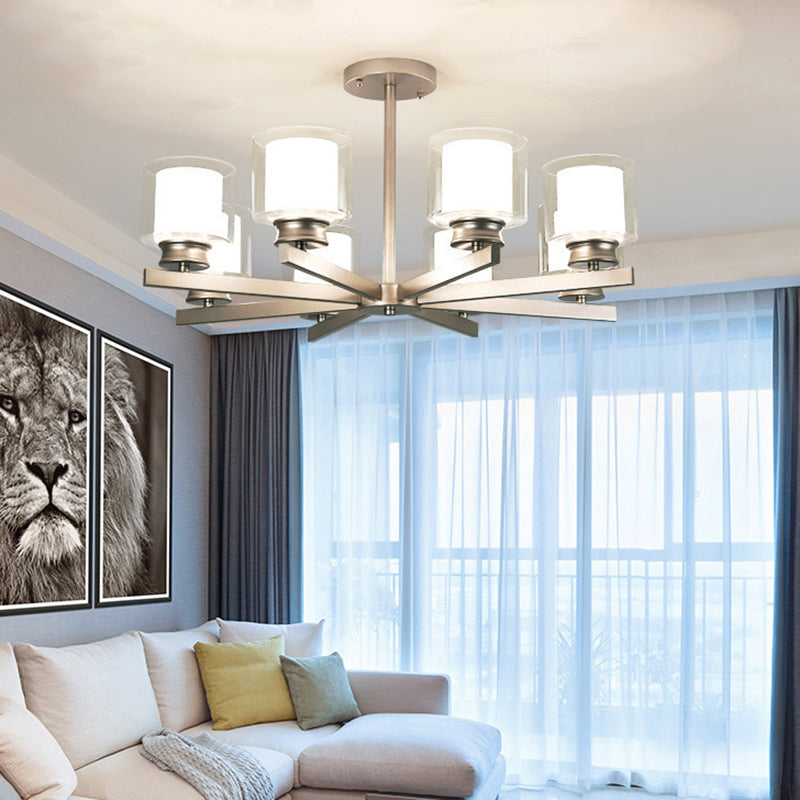 Double-layer Glass Shade Chandelier Lighting Fixture Traditional Style Cylindrical Pendant Hanging Light in Champagne Silver