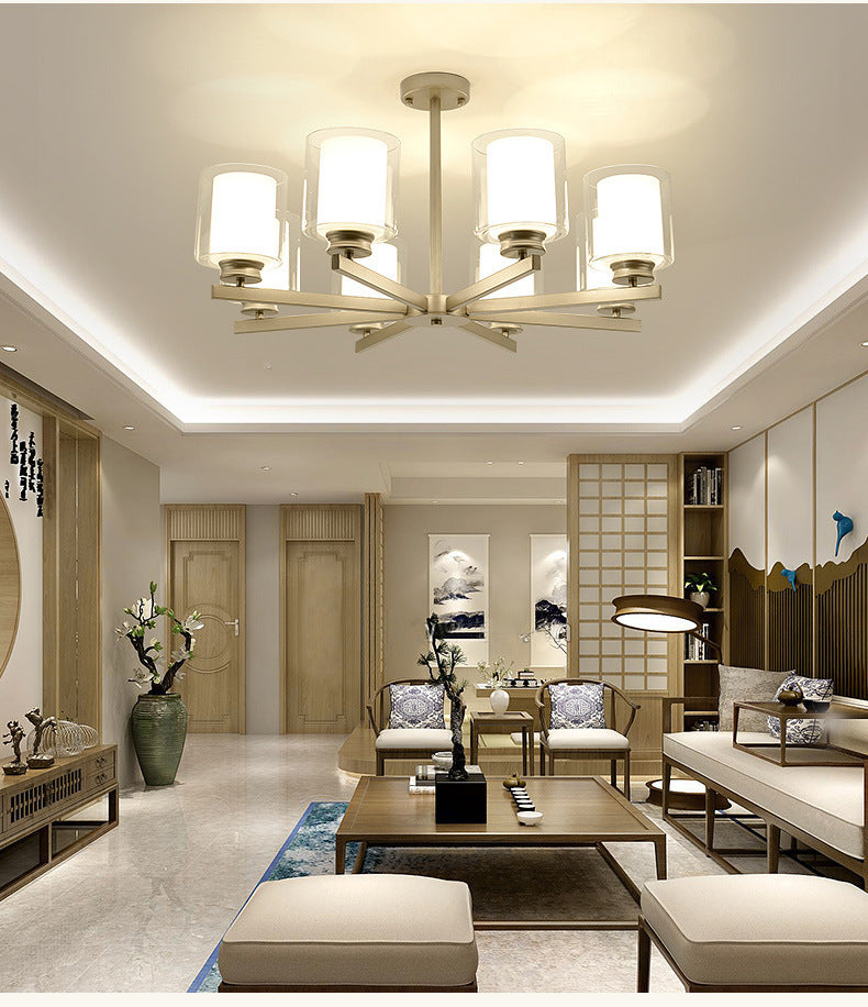 Double-layer Glass Shade Chandelier Lighting Fixture Traditional Style Cylindrical Pendant Hanging Light in Champagne Silver