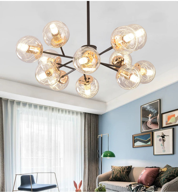 Clear Aluminum Wire Glass Ball Chandelier Light Modern Lighting Ceiling Pendant Light in Black