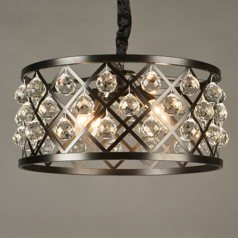 Drum Living Room Suspended Lighting Fixture Crystal Encrusted Modern Ceiling Suspension Lamp in Black