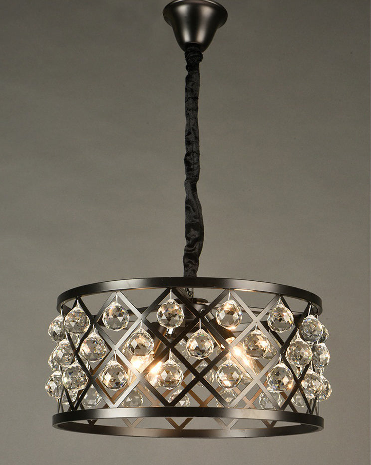 Drum Living Room Suspended Lighting Fixture Crystal Encrusted Modern Ceiling Suspension Lamp in Black