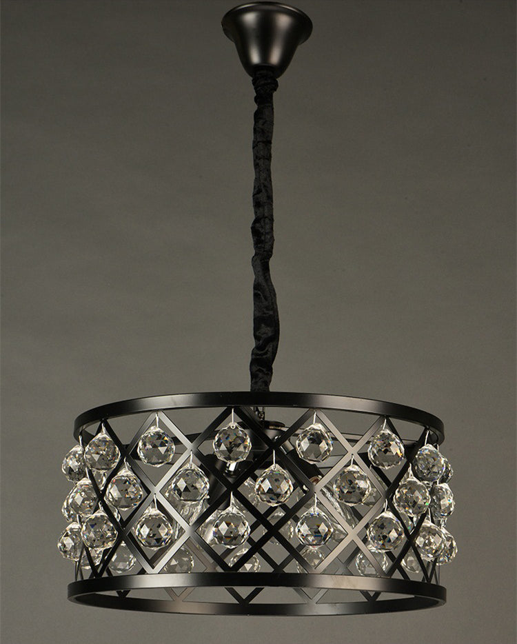 Drum Living Room Suspended Lighting Fixture Crystal Encrusted Modern Ceiling Suspension Lamp in Black