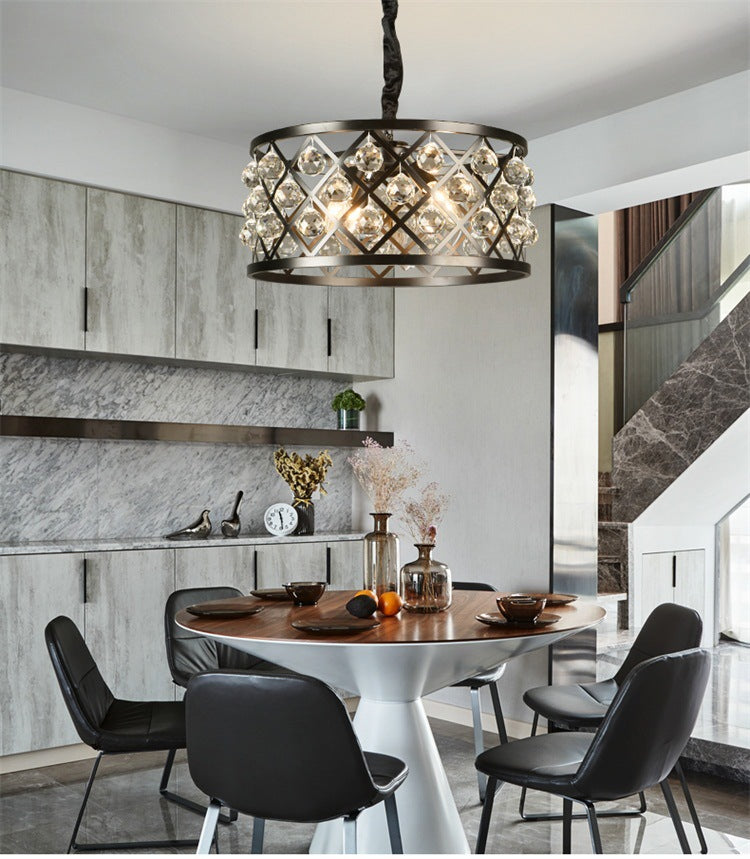 Drum Living Room Suspended Lighting Fixture Crystal Encrusted Modern Ceiling Suspension Lamp in Black