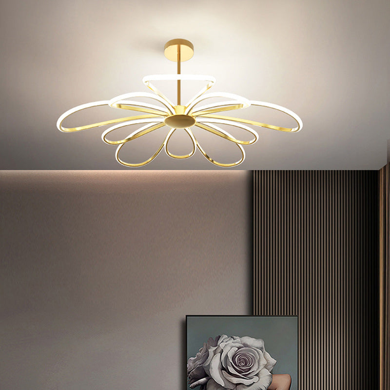 Flower Chandelier Light Fixture Simple Metal Living Room LED Hanging Light Kit in Gold