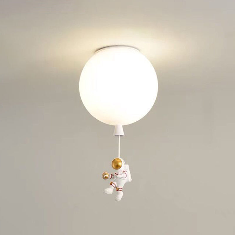 White Glass Balloon Ceiling Lamp Childrens Style Flush Mount Lighting with Resin Toy
