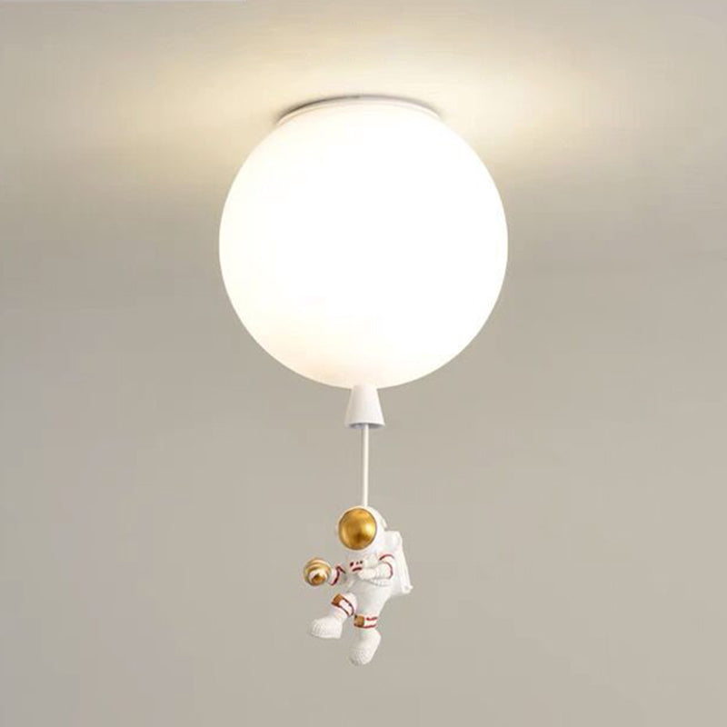 White Glass Balloon Ceiling Lamp Childrens Style Flush Mount Lighting with Resin Toy