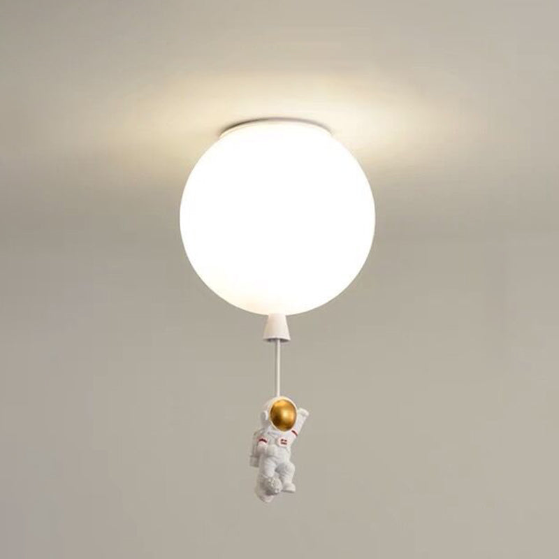 White Glass Balloon Ceiling Lamp Childrens Style Flush Mount Lighting with Resin Toy