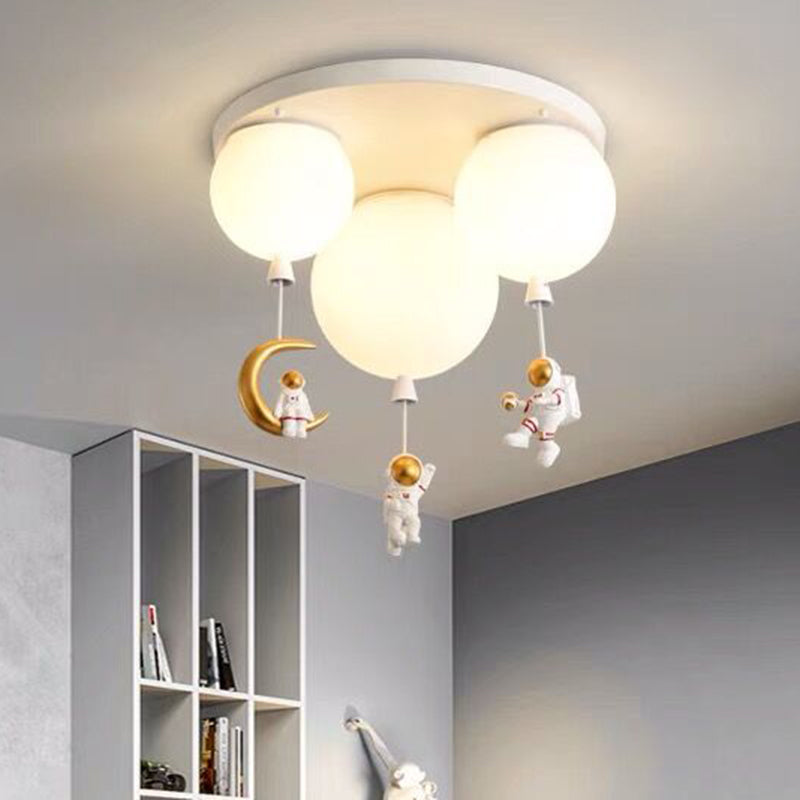 White Glass Balloon Ceiling Lamp Childrens Style Flush Mount Lighting with Resin Toy