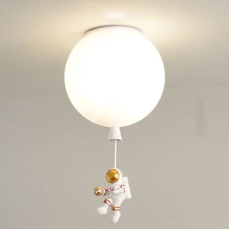 White Glass Balloon Ceiling Lamp Childrens Style Flush Mount Lighting with Resin Toy