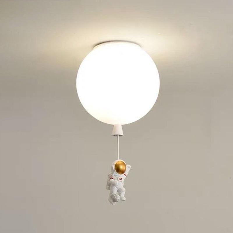 White Glass Balloon Ceiling Lamp Childrens Style Flush Mount Lighting with Resin Toy