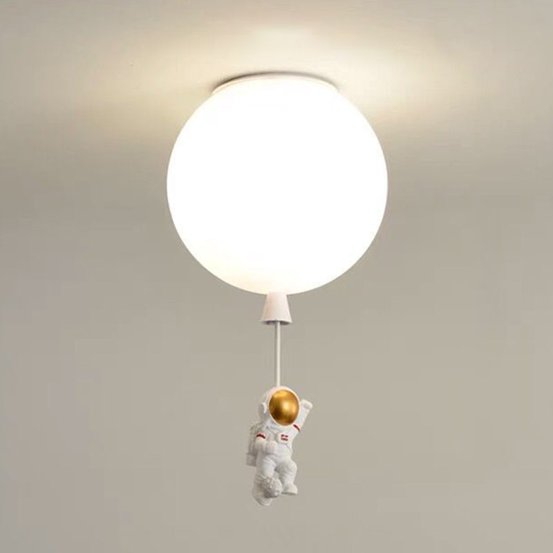 White Glass Balloon Ceiling Lamp Childrens Style Flush Mount Lighting with Resin Toy