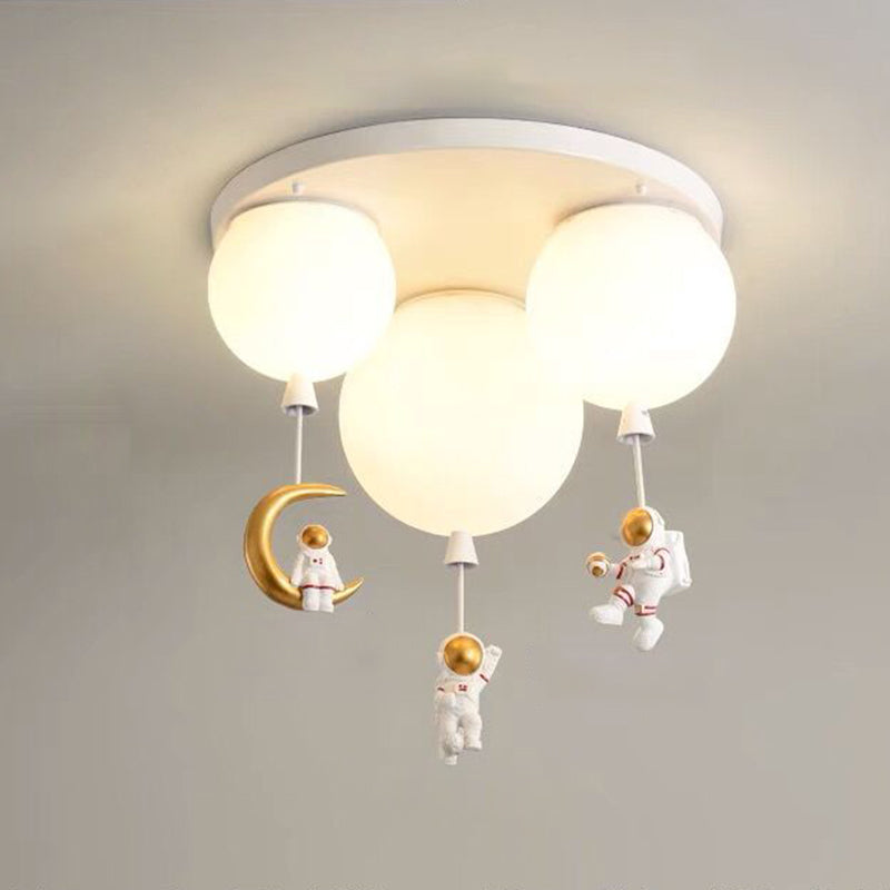 White Glass Balloon Ceiling Lamp Childrens Style Flush Mount Lighting with Resin Toy