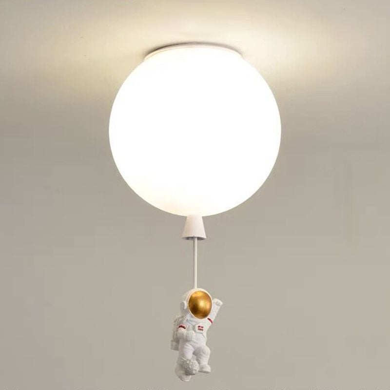 White Glass Balloon Ceiling Lamp Childrens Style Flush Mount Lighting with Resin Toy