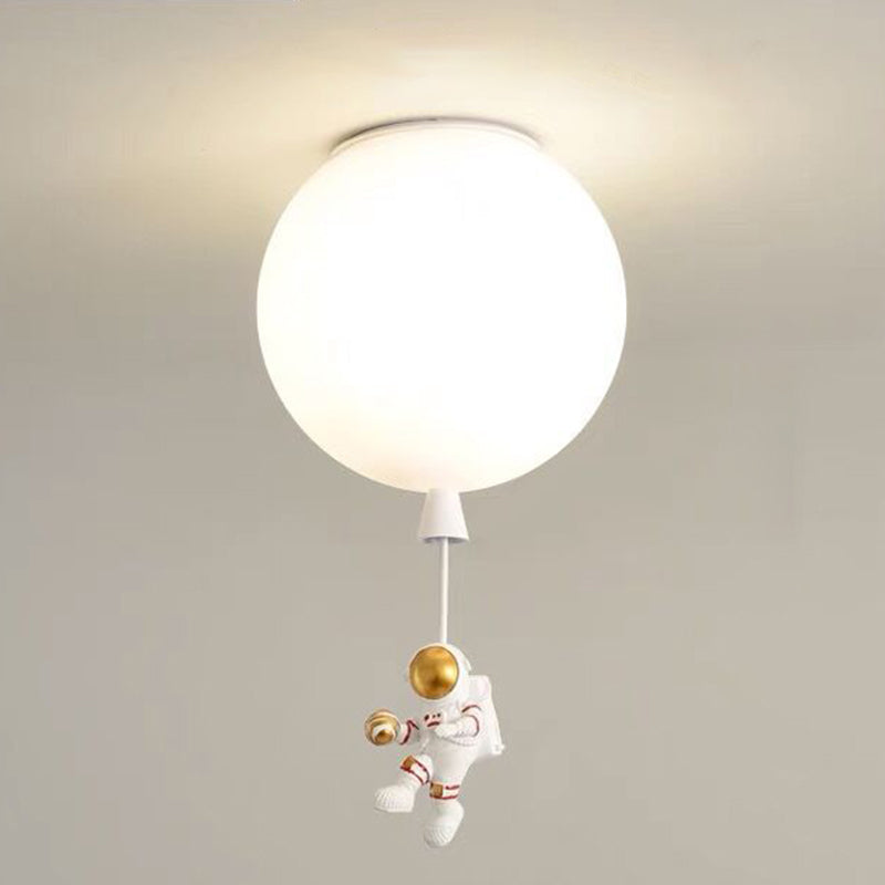 White Glass Balloon Ceiling Lamp Childrens Style Flush Mount Lighting with Resin Toy