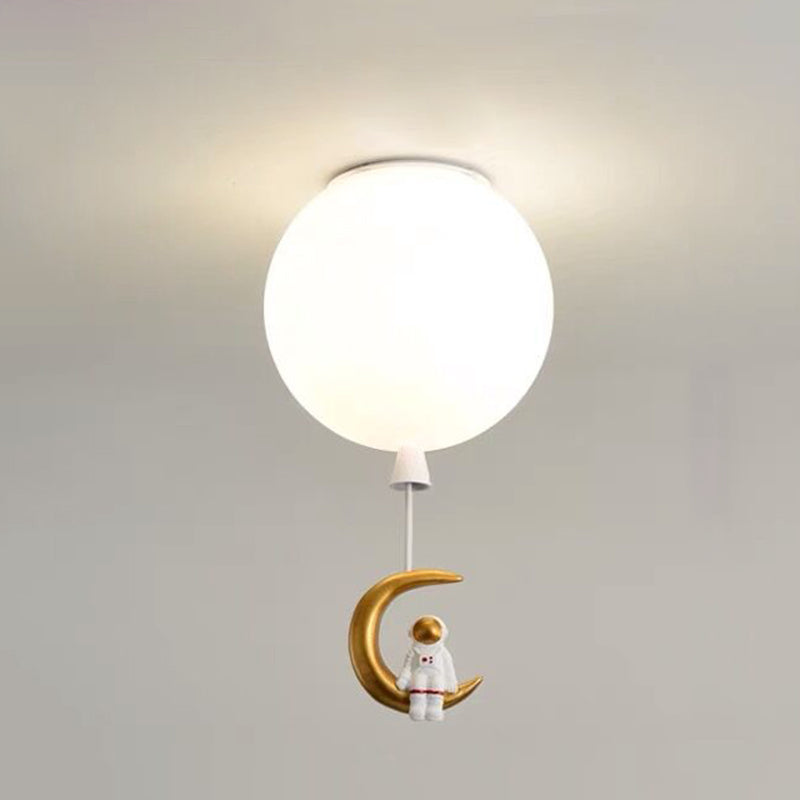 White Glass Balloon Ceiling Lamp Childrens Style Flush Mount Lighting with Resin Toy