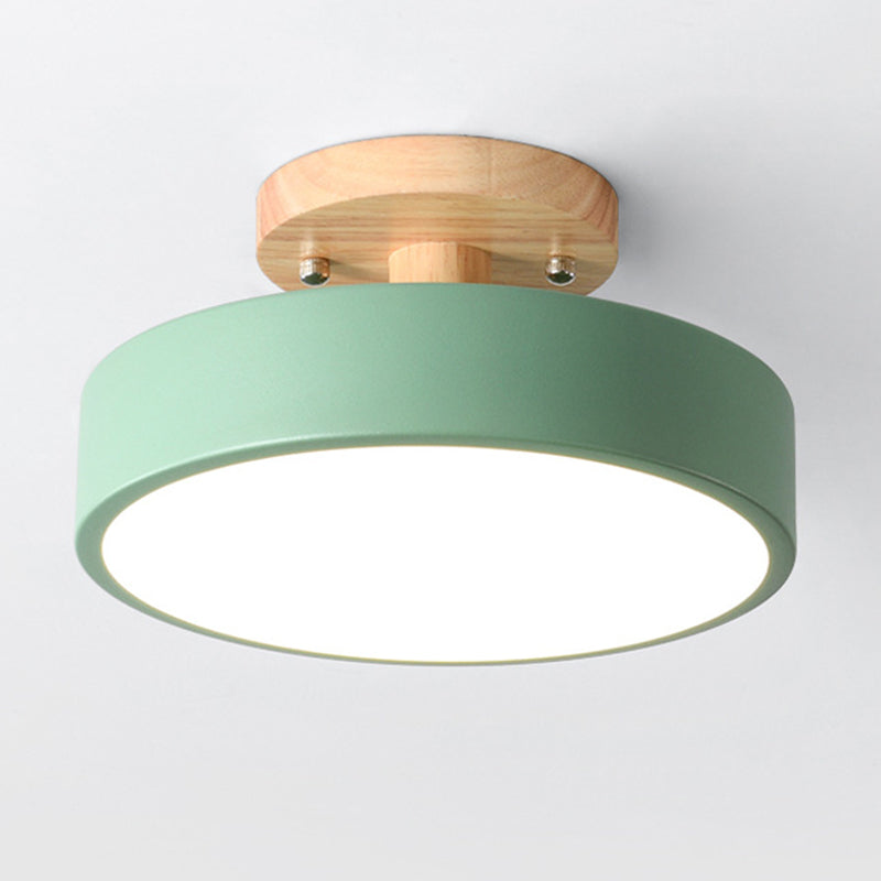 Round Corridor Semi Flush Light Acrylic Macaron Style LED Flush Ceiling Light with Wooden Canopy