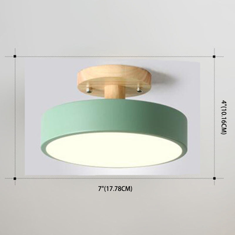 Round Corridor Semi Flush Light Acrylic Macaron Style LED Flush Ceiling Light with Wooden Canopy