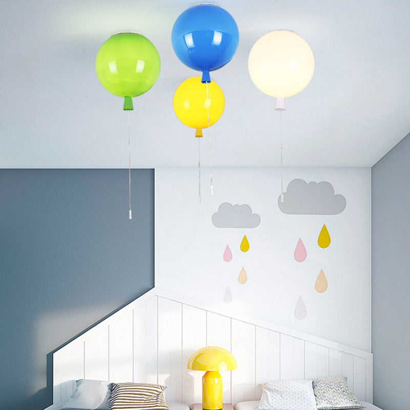 Balloon Kindergarten Flush Mounted Light Acrylic 1-Light Macaron Ceiling Light with Pull Cord