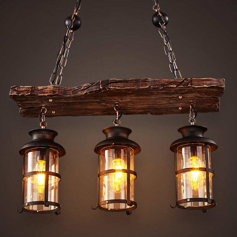 Industrial Style Island Light 3 Lights Lantern Shape Wooden Island Pendant Lamp for Bar Restaurant