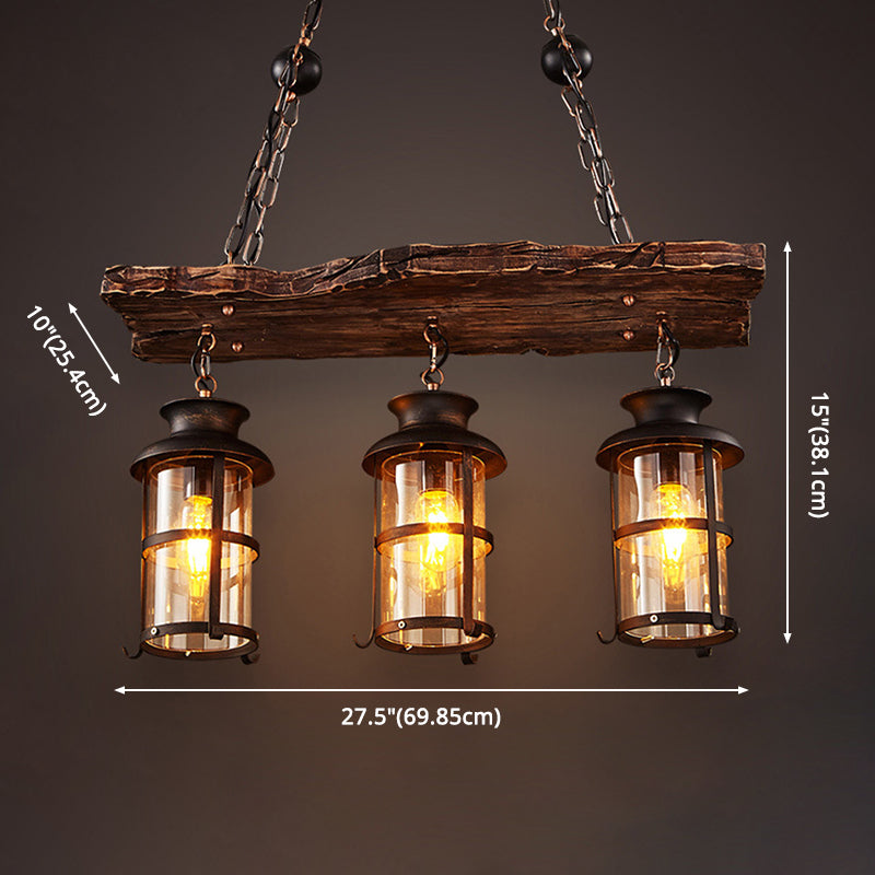 Industrial Style Island Light 3 Lights Lantern Shape Wooden Island Pendant Lamp for Bar Restaurant