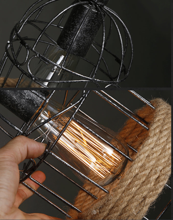 Industrial Iron Cage Island Light Fixtures with Adjustable Hemp Rope 3 Lights Ceiling Pendant for Bar