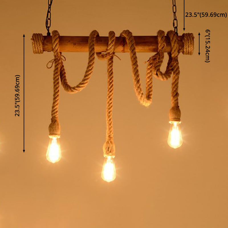 Country Style Hemp Rope Island Light Bamboo 3 Lights Bare Bulb Bar Decorative Island Pendant