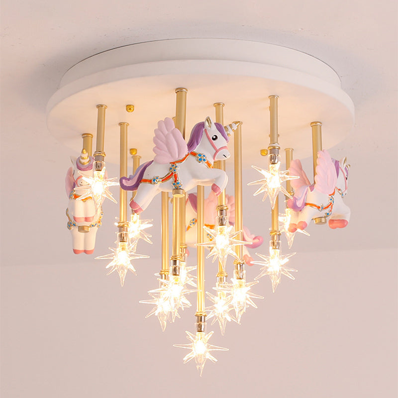 Resin Horse/Bird/Crane Ceiling Light Fixture Kids 13/16 Lights Blue/Pink Flush Mount Lighting with Clear Glass Shade