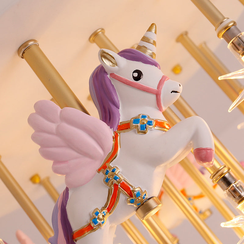 Resin Horse/Bird/Crane Ceiling Light Fixture Kids 13/16 Lights Blue/Pink Flush Mount Lighting with Clear Glass Shade