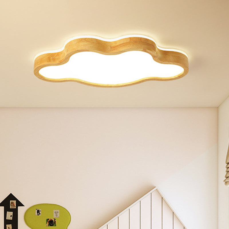 Modern Cloud Ceiling Flush Mount Wood 19.5"/25" W LED Bedroom Beige Flush Ceiling Light, Warm/White/3 Color Light