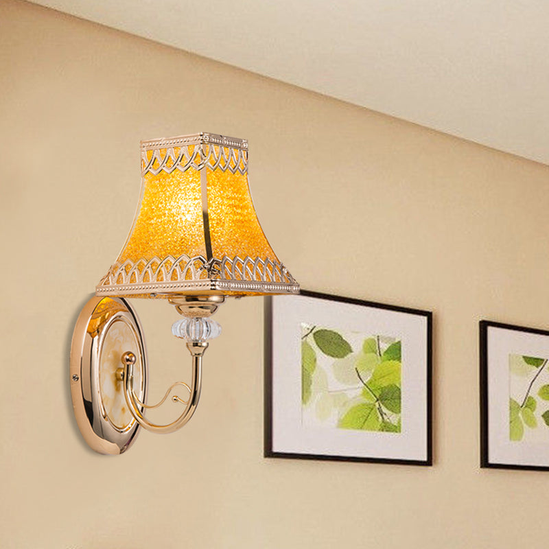 Single Bulb Bell Wall Sconce Colonial Gold Beveled Glass Wall Light with Arched Arm for Indoor