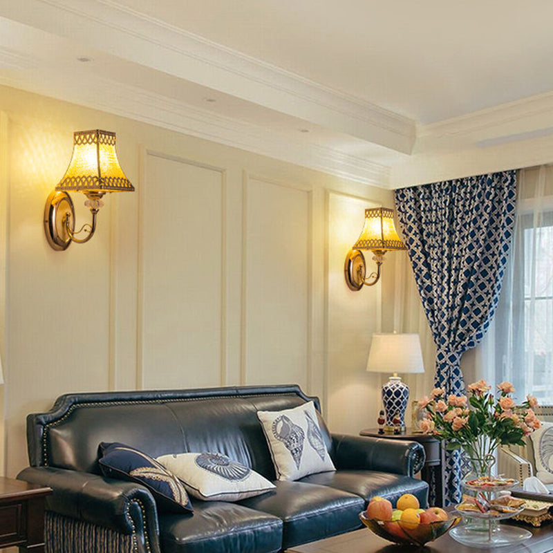 Single Bulb Bell Wall Sconce Colonial Gold Beveled Glass Wall Light with Arched Arm for Indoor