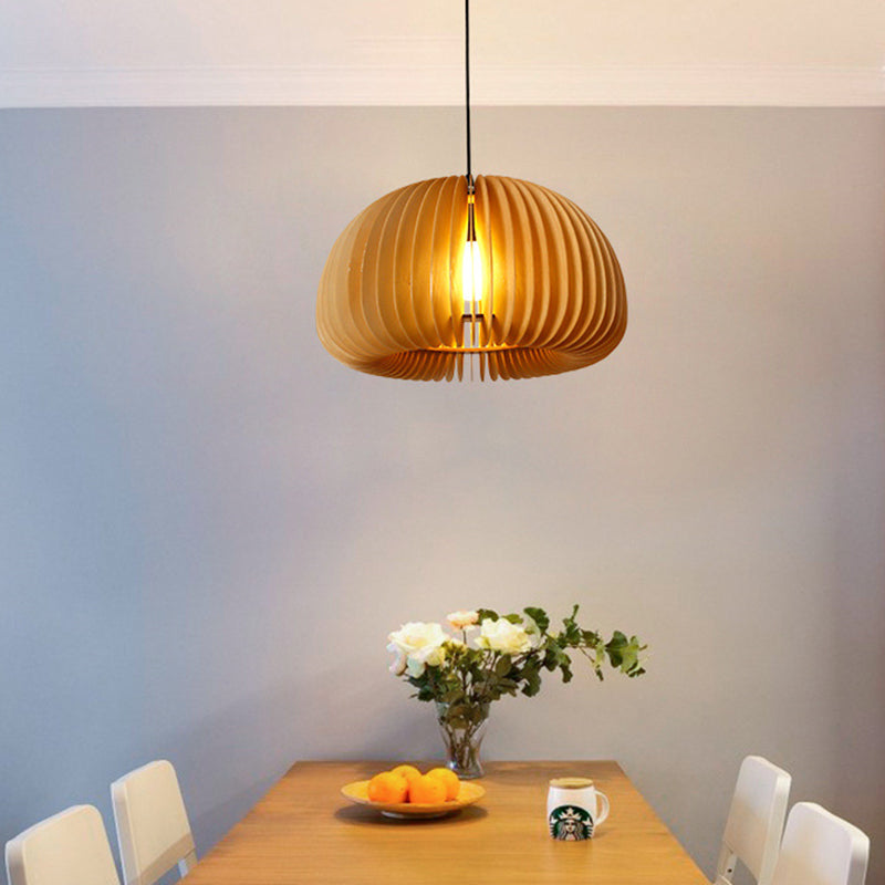 Wood Pumpkin Hanging Pendant Light Japanese Style Beige Pendant Lighting Fixture